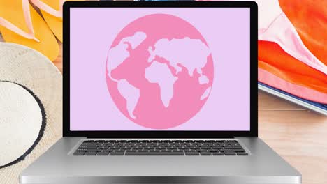 Animation-of-pink-globe-logo-on-laptop-screen