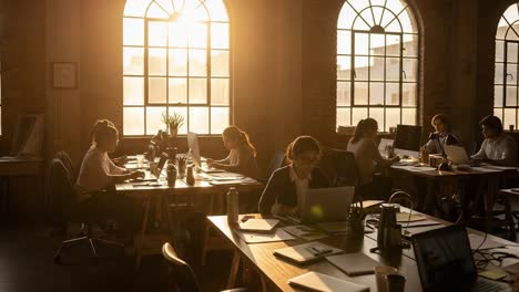 people working in a sunlit office with large arched windows