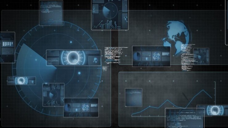 Composition of data processing and globe over digital screens