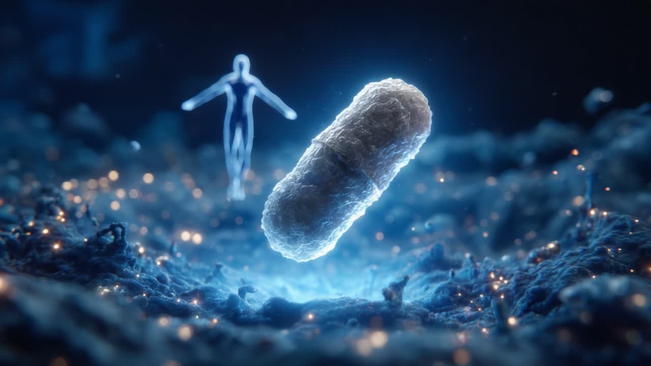 Un'esplorazione visiva accattivante dell'intersezione tra umanità e microbiologia, che mostra una capsula luminosa circondata da un'aura mistica in un ambiente buio