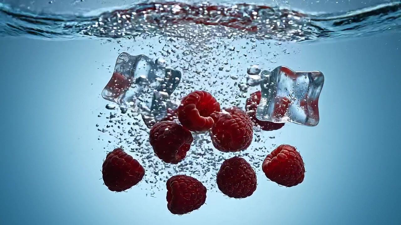 Raspberries and ice cubes splashing into fresh blue water