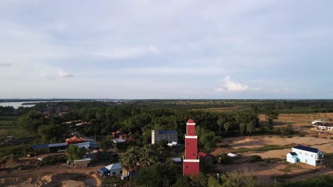 Colonial-French-watch-tower-on-the-bank-of-the-river-mekong,-Kampong-Cham,-Cambodia