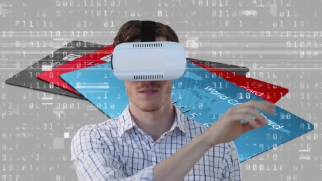 Caucasian-man-wearing-vr-headset-over-bank-cards-and-binary-code