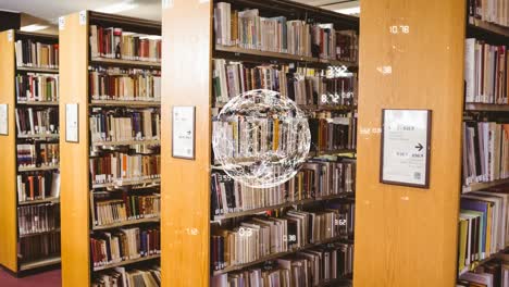 animación del globo con una red de conexiones sobre estantes con libros en la biblioteca