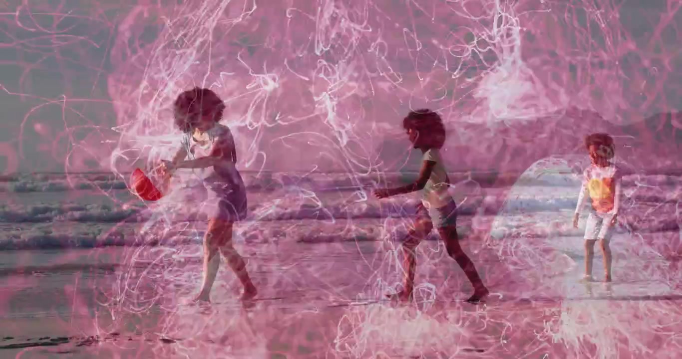 Lead child holding ball, playing, adjusting ball, initiating pink swirl overlay for marketing