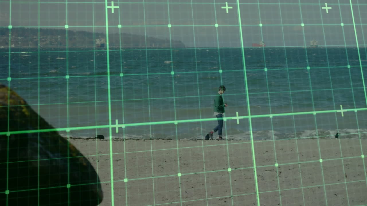 Walking on beach, person exploring digital grid animation in virtual reality