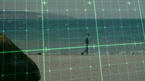 walking on beach, person exploring digital grid animation in virtual reality