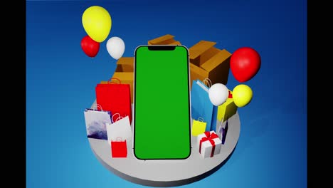 modelo de teléfono móvil con elementos de compras y regalos