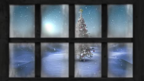 Animation-Der-Fensteransicht-Des-Weihnachtsbaums-Und-Der-Winterlandschaft