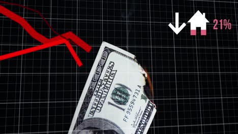 house icon and red graphs moving american dollar bill burning