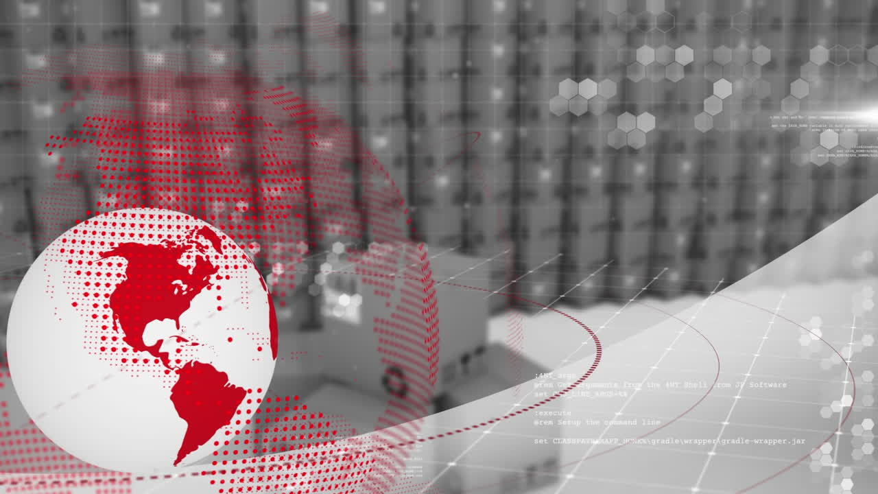 창고의 상자 위에 지구의 애니메이션과 데이터 처리가