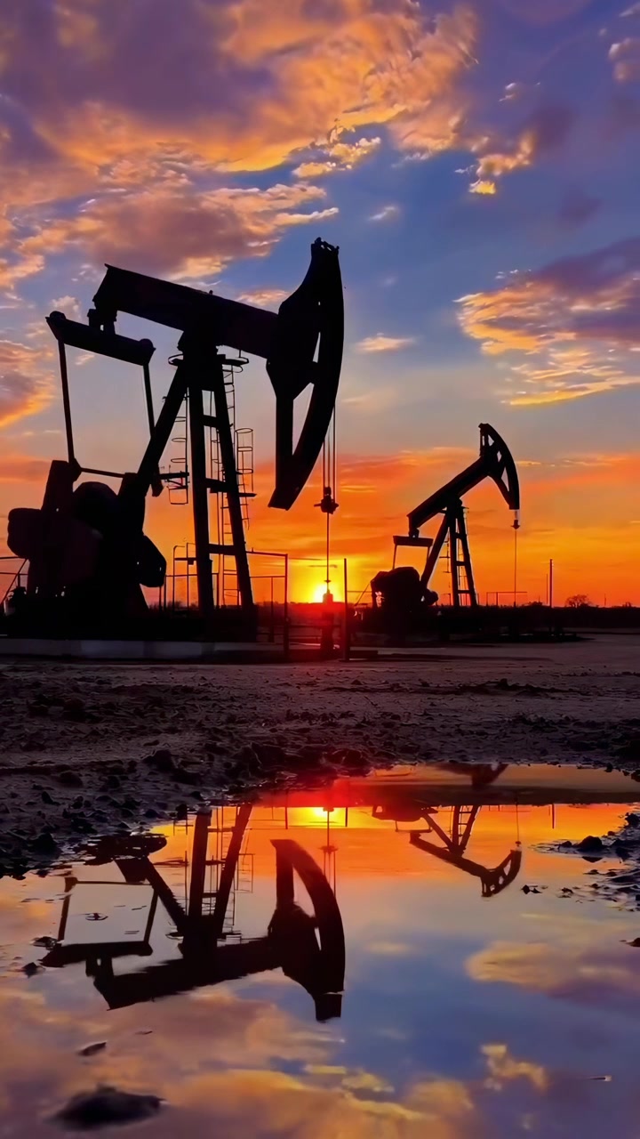 Silhouetted Oil Pumpjacks Working at Sunset with Colorful Sky Reflection