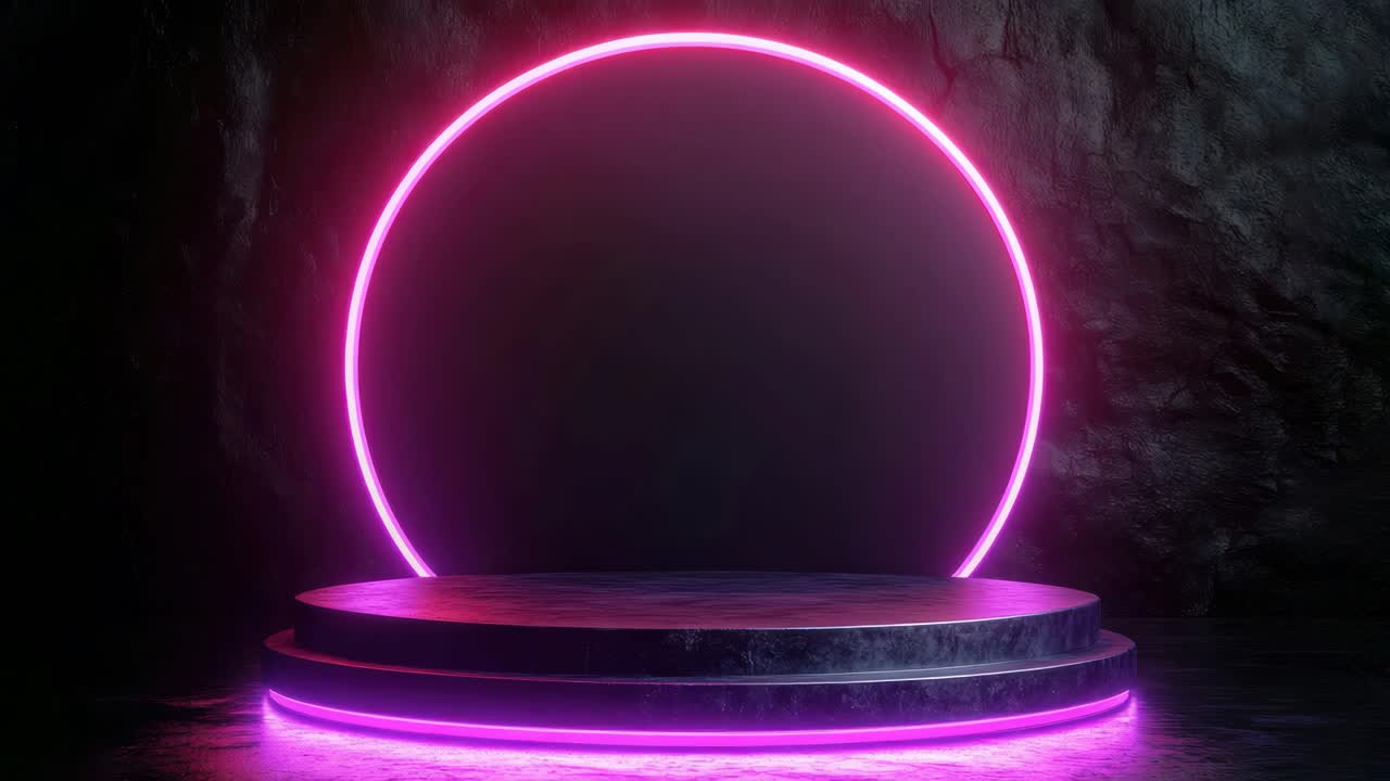 Futuristic neon-lit stage with a glowing circle backdrop. Low-angle shot creates a dramatic effect