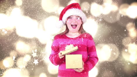 una niña festiva abriendo un regalo mágico de navidad