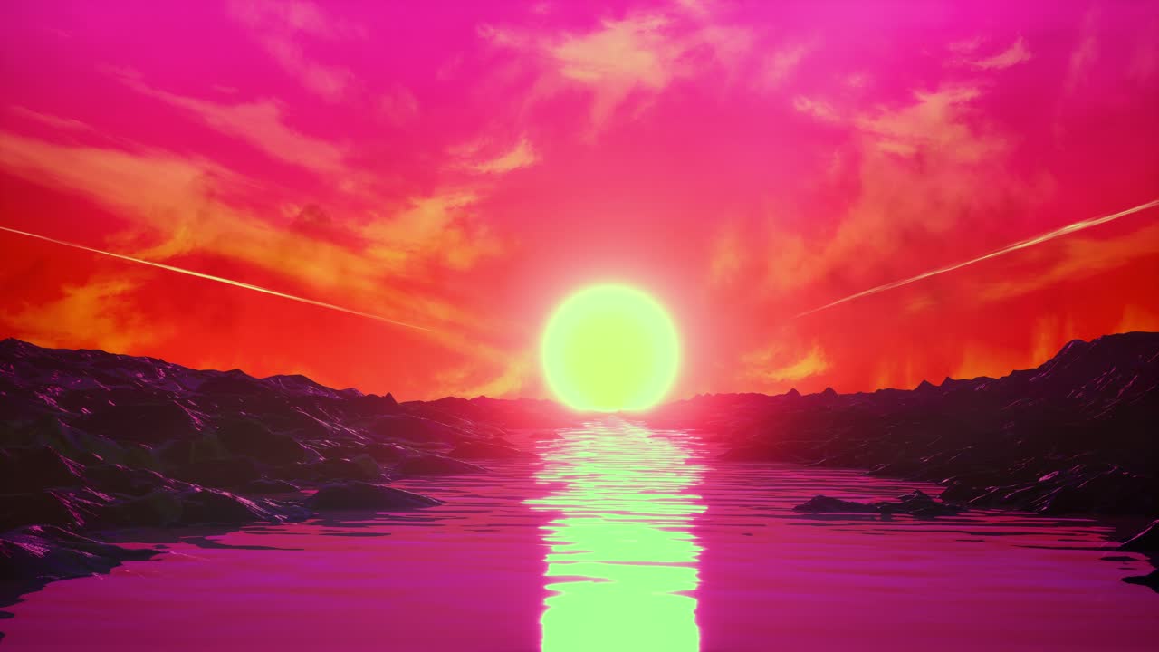 Retro 1980S Animation With Rocks, River, Sun And Cyberpunk Pink
