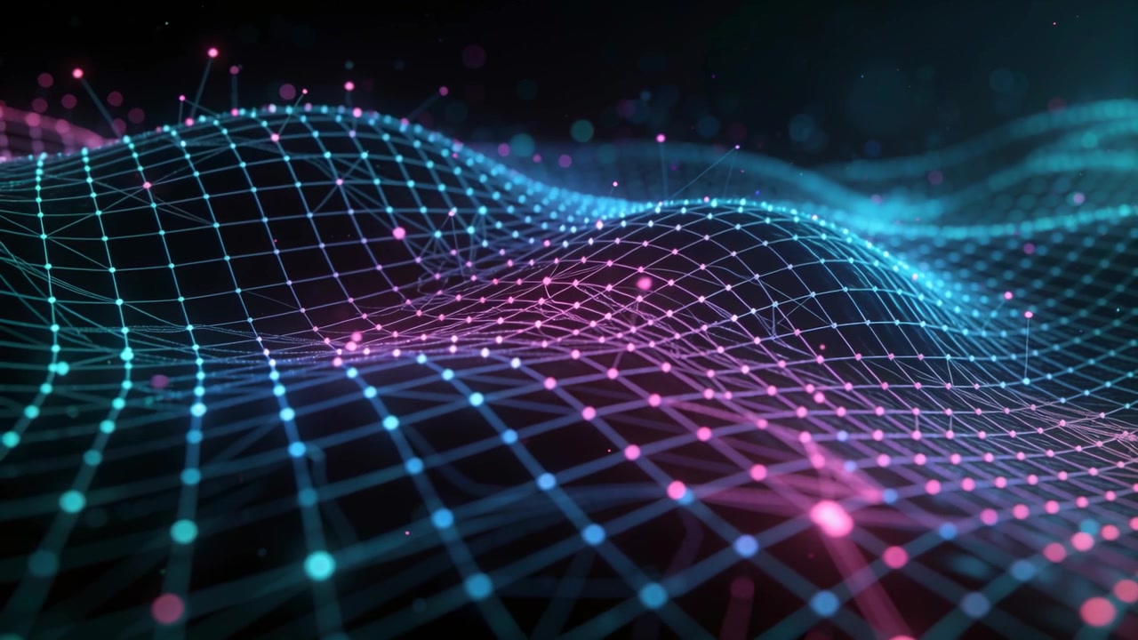 Wave pulse moving across void, neon mesh undulating and pulsing cyan magenta nodes, adding depth