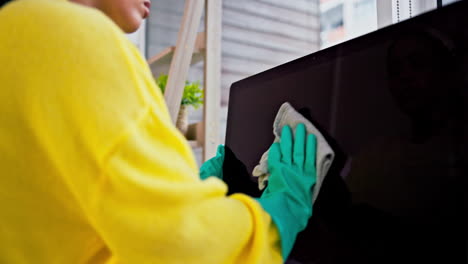 hands, computer and cleaning screen for dust