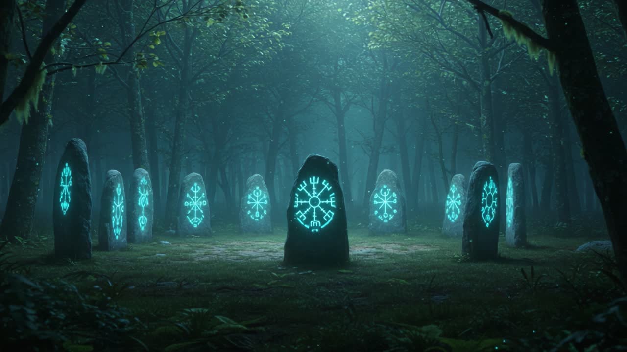 Enigmatic Forest Circle: Glowing Runestones Emanating Mystical Energy Amidst the Shadows of an Ancient Grove