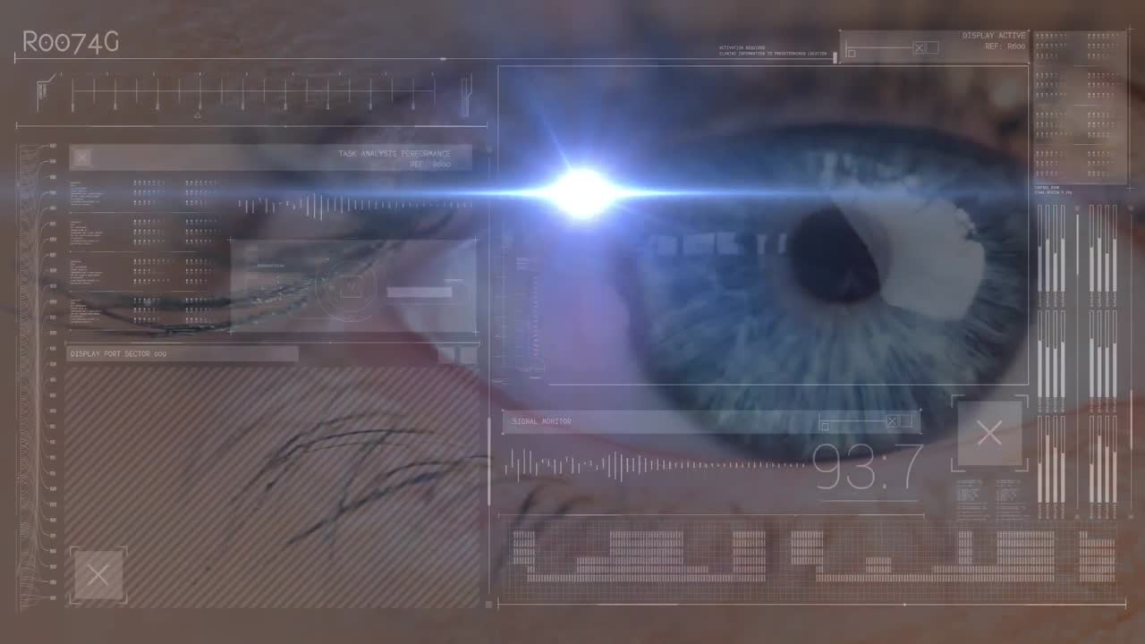 animación de estadísticas y procesamiento de datos sobre el ojo en el fondo