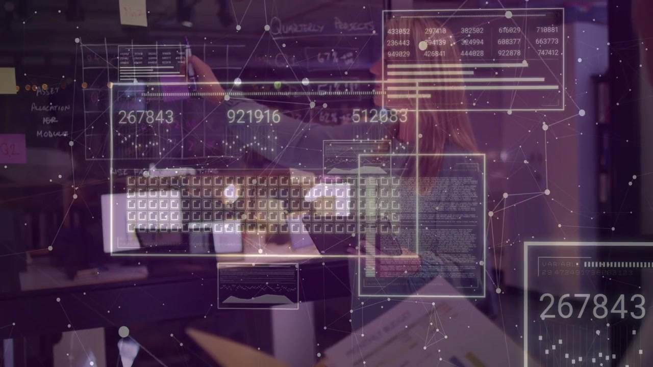 Female analyst tapping tablet and gesturing at glass board, activating HUD data panels for business
