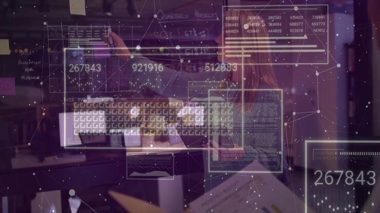 Female analyst tapping tablet and gesturing at glass board, activating HUD data panels for business