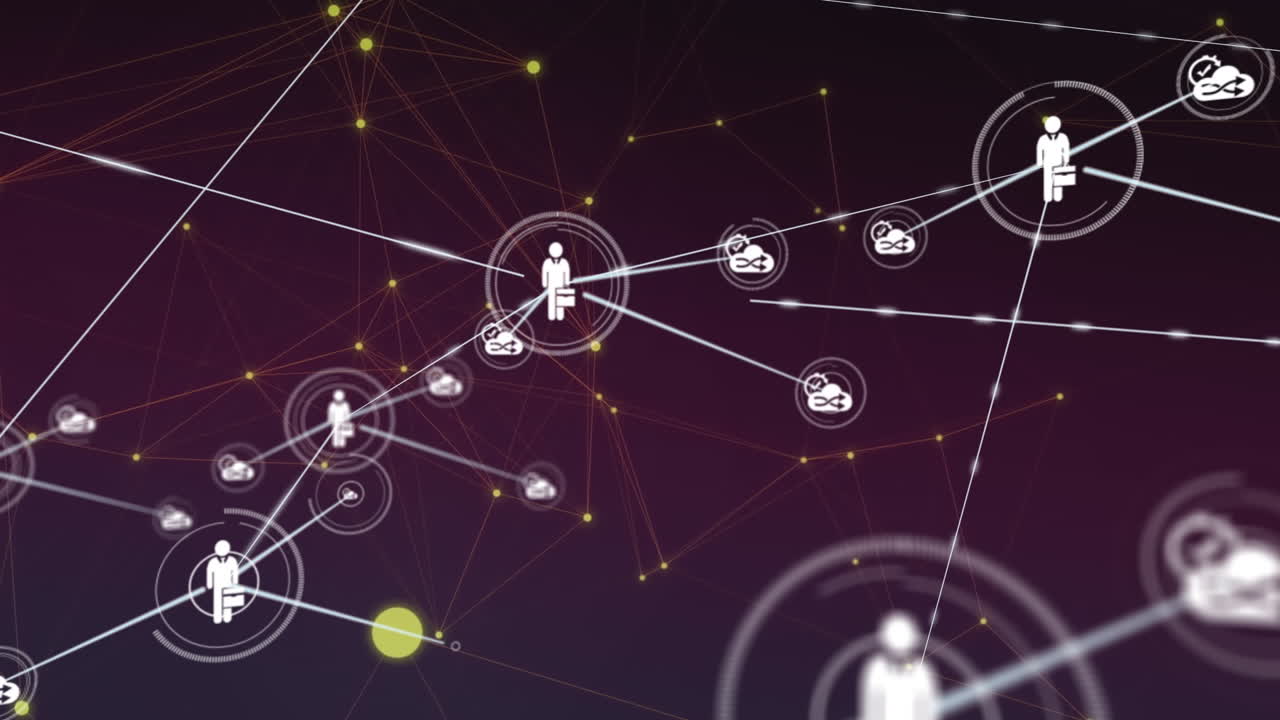 Animation of network of connections with icons over purple background with constellations