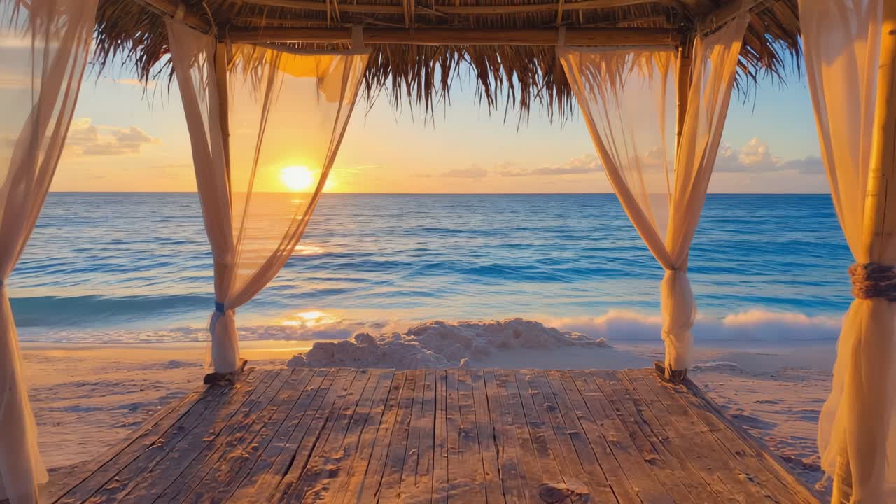 Wooden gazebo adorned with flowing white curtains, overlooking a stunning sunset on a tropical beach, creating a romantic and relaxing ambiance perfect for unforgettable moments