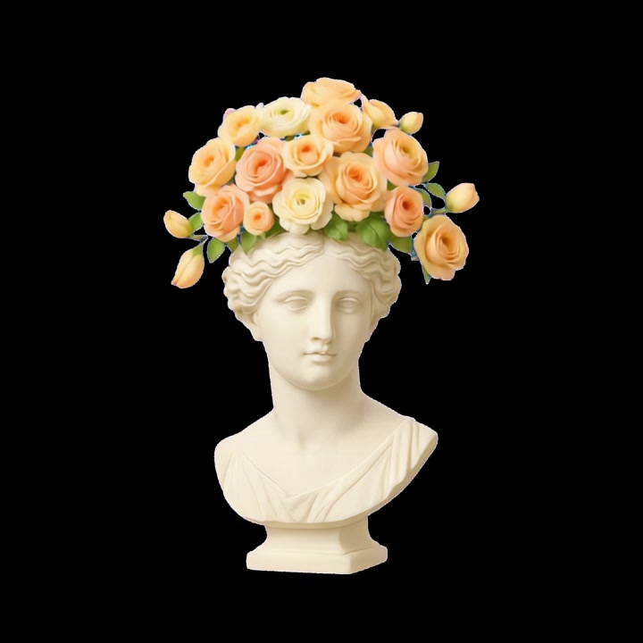 White Classical Bust with a Crown of Gentle Peach Roses