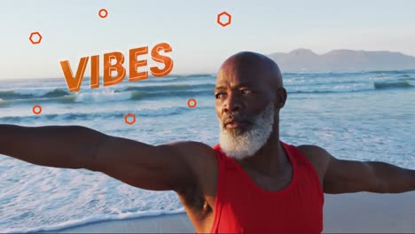 animation of vibes text over senior african american man exercising at beach