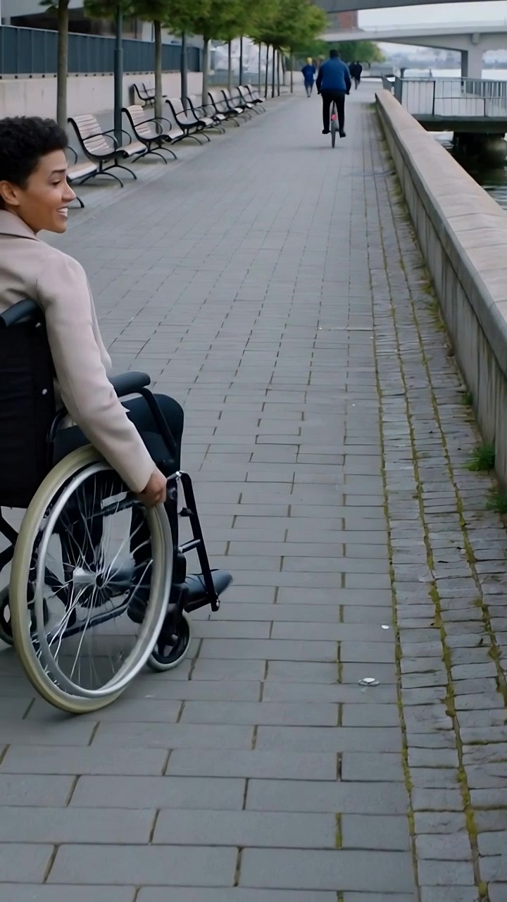 Vertical video: Entering frame, woman in coat propelling wheelchair along river path toward bridge