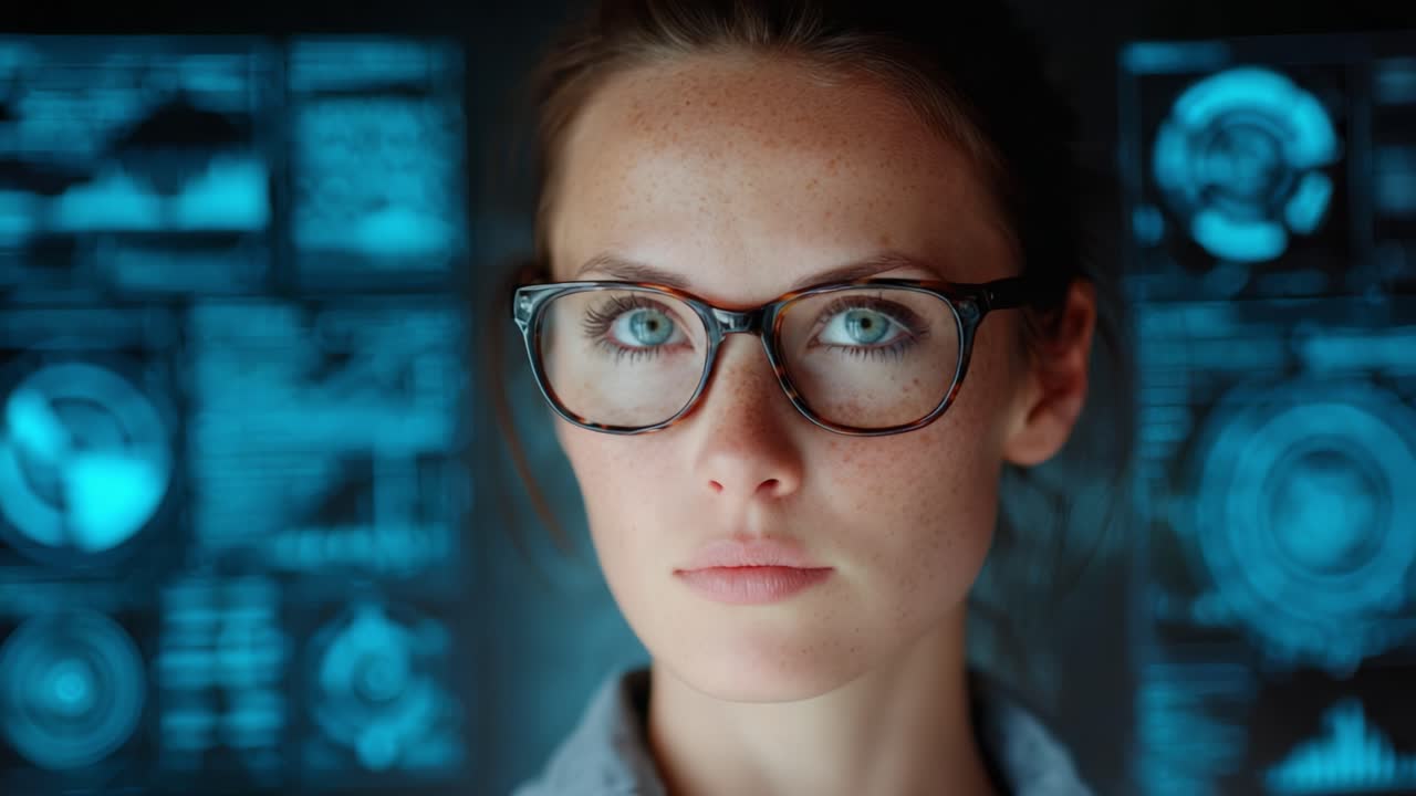 A Thoughtful Young Woman with Glasses Against a Futuristic Digital Background, Showcasing Intelligent Curiosity and Modern Aesthetics