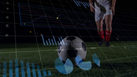 soccer player kicking ball with financial data processing animation over field