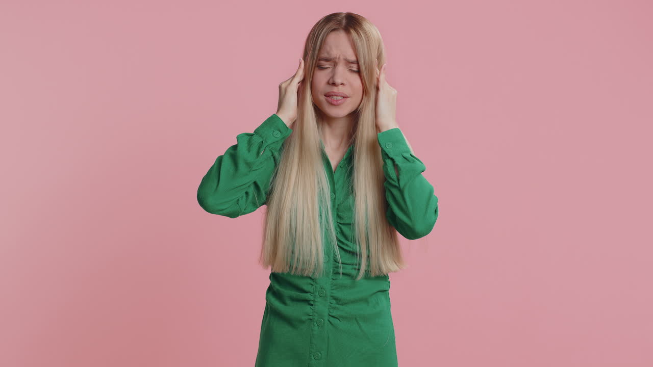 Sick ill woman rubbing temples to cure headache problem suffering from tension migaine stress pain