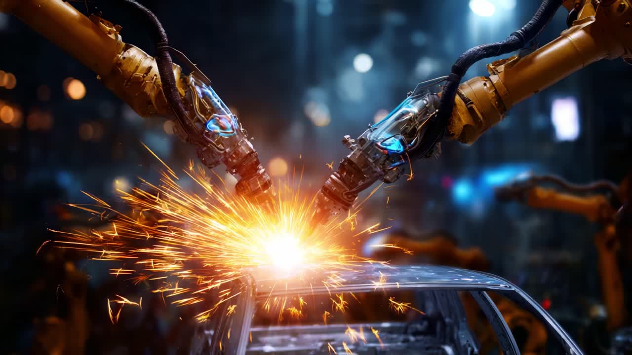 Robotic Arms in Action: Precision Welding with Sparks Emitting from Car Roof in an Industrial Setting, Showcasing Automation and Technological Advancement