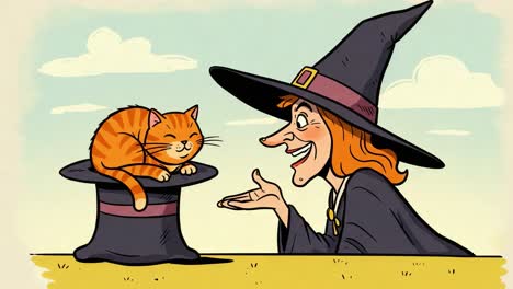 a whimsical moment unfolds as a cheerful witch beams at her adorable, sleepy cat perched on a magic hat, creating an enchanting bond of friendship and magic