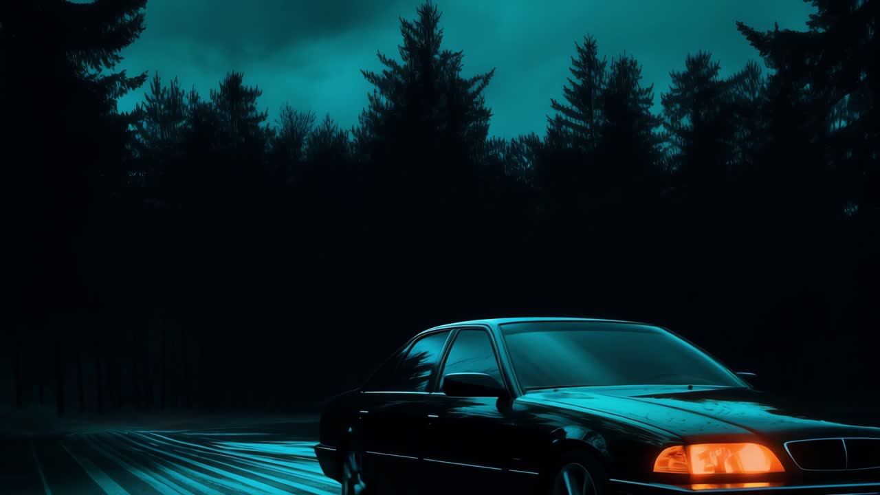 Dark forest and wet asphalt road at night, a black sedan is driving, another car with headlights on is approaching in the opposite direction