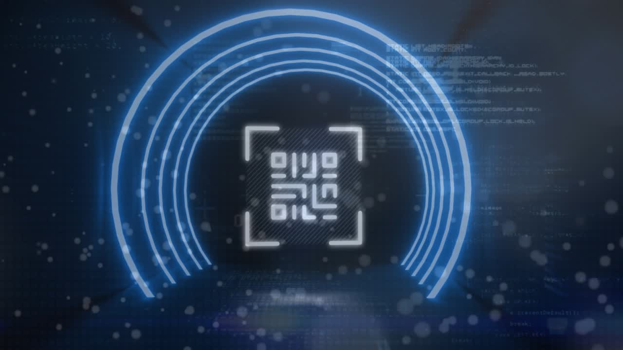 Animation of qr code and rotating circular safe lock with data processing on black