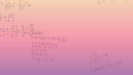 Animation-of-mathematical-equations-over-pink-to-yellow-background