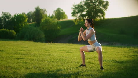 a young woman performs a static exercise on the grass for the leg and hip muscles. to rise on toes while sitting. exercise for the lower leg. training on the street in the park