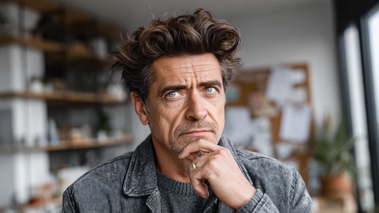 Contemplative Moment: A Man Deep in Thought, Reflecting on Life's Choices and Decisions with Intense Curiosity and Focus in a Cozy Indoor Setting