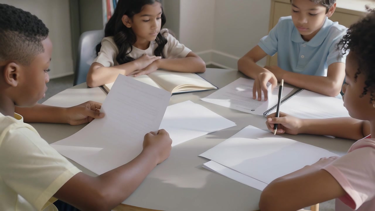 Inizio sessione, quattro bambini con magliette chiare che sistemano fogli, sfogliano un libro aperto e scrivono per studiare