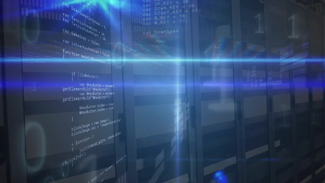 Animation of data processing and blue lights over servers
