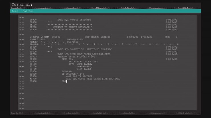 Animation of data processing on grey and blue computer screen
