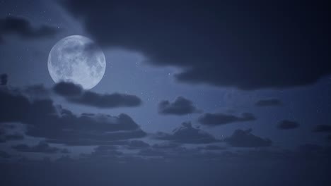 Cielo-Nocturno-Con-Luna-Llena-En-El-Lado-Izquierdo,-Estrellas-Brillantes-Y-Nubes-Volumétricas-Pasando-Por-Animación-3d