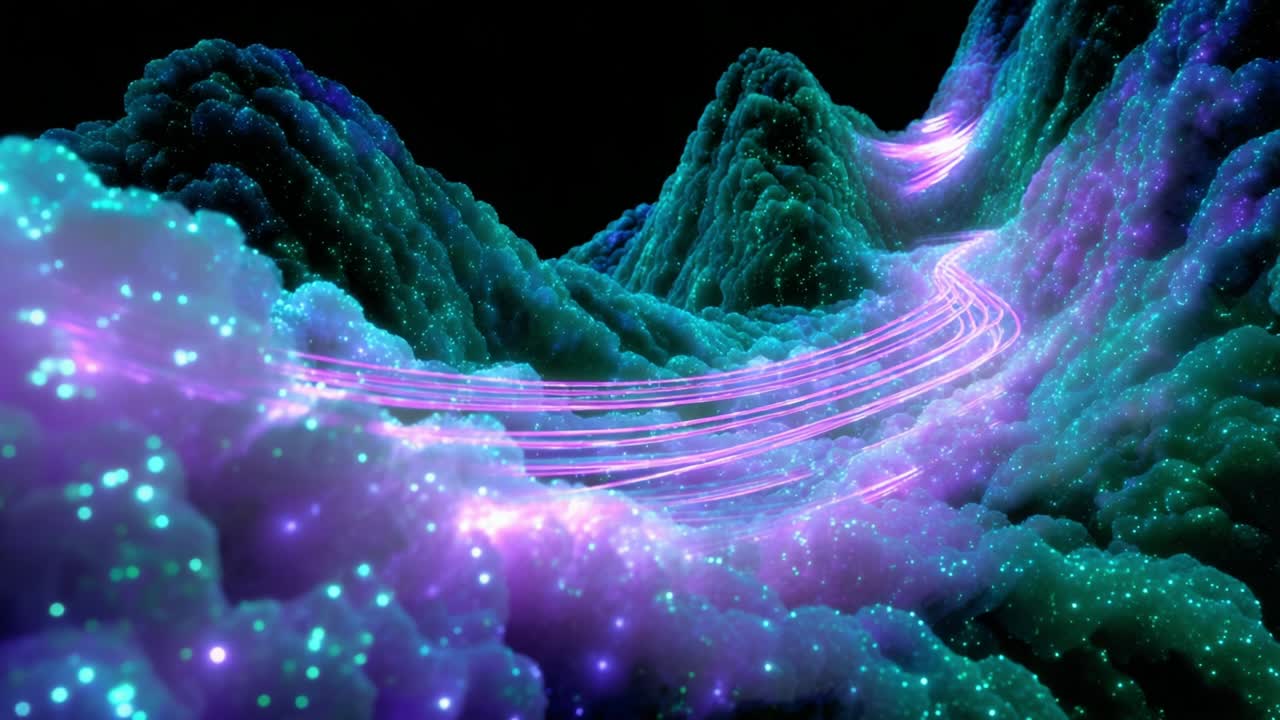 A Surreal Journey Through a Cosmic Landscape of Ethereal Clouds and Vibrant Light Trails, Capturing the Essence of Digital Art and Imagination in Motion, Showcasing Hypnotic Waves and Glowing Textures