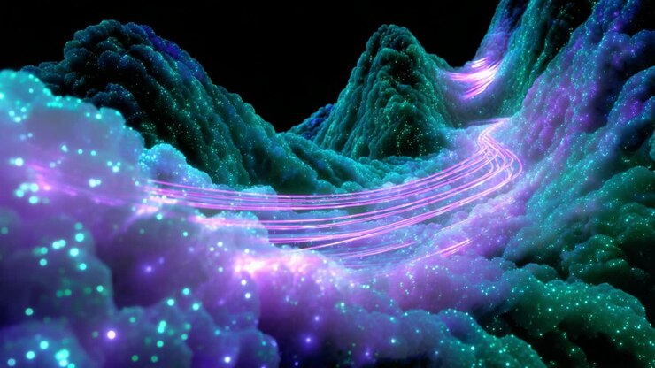 A Surreal Journey Through a Cosmic Landscape of Ethereal Clouds and Vibrant Light Trails, Capturing the Essence of Digital Art and Imagination in Motion, Showcasing Hypnotic Waves and Glowing Textures