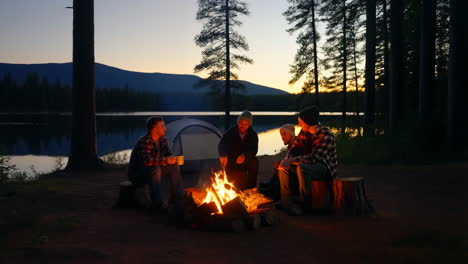 friends enjoying a campfire by a lake at dusk