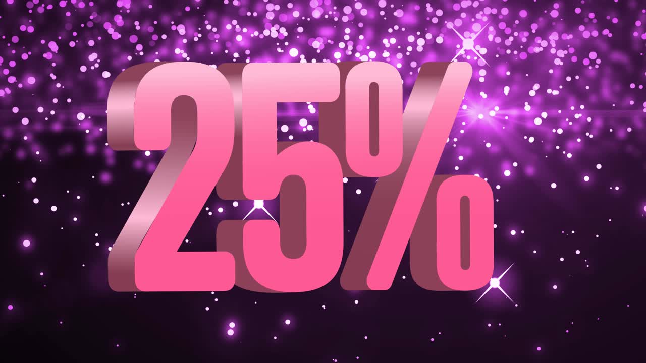 animación de 25 por ciento de texto en rosa sobre manchas brillantes púrpuras sobre fondo negro