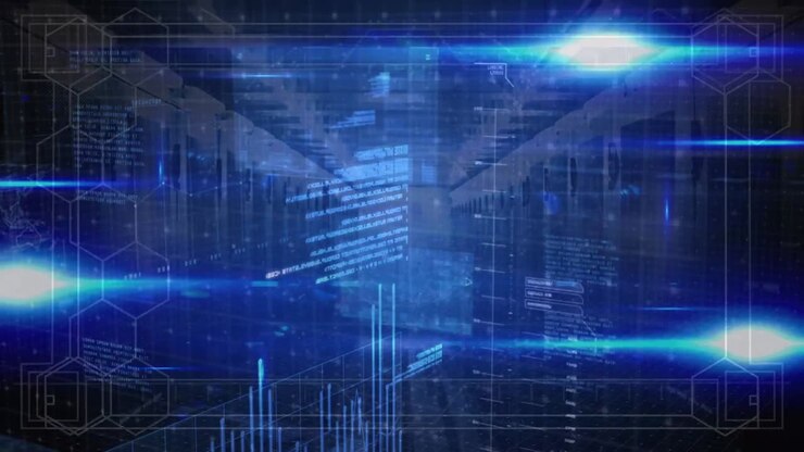 Animation of data processing and blue lights over servers