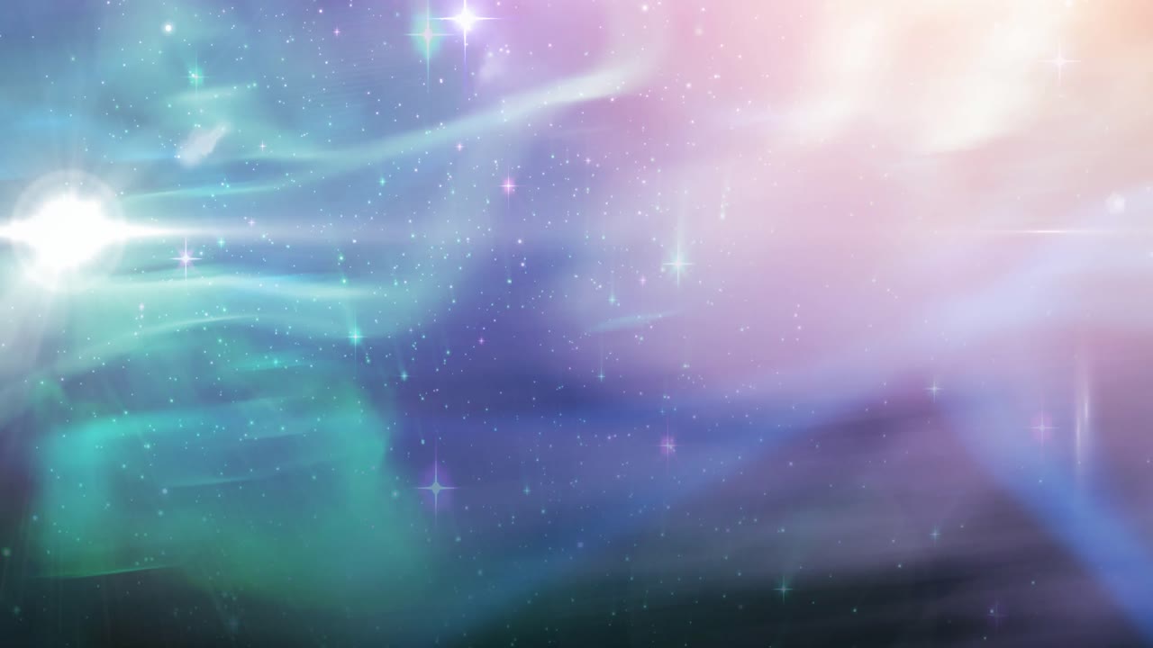 animación de manchas blancas brillantes y estrellas en pruebas de luz verde y rosa en el universo